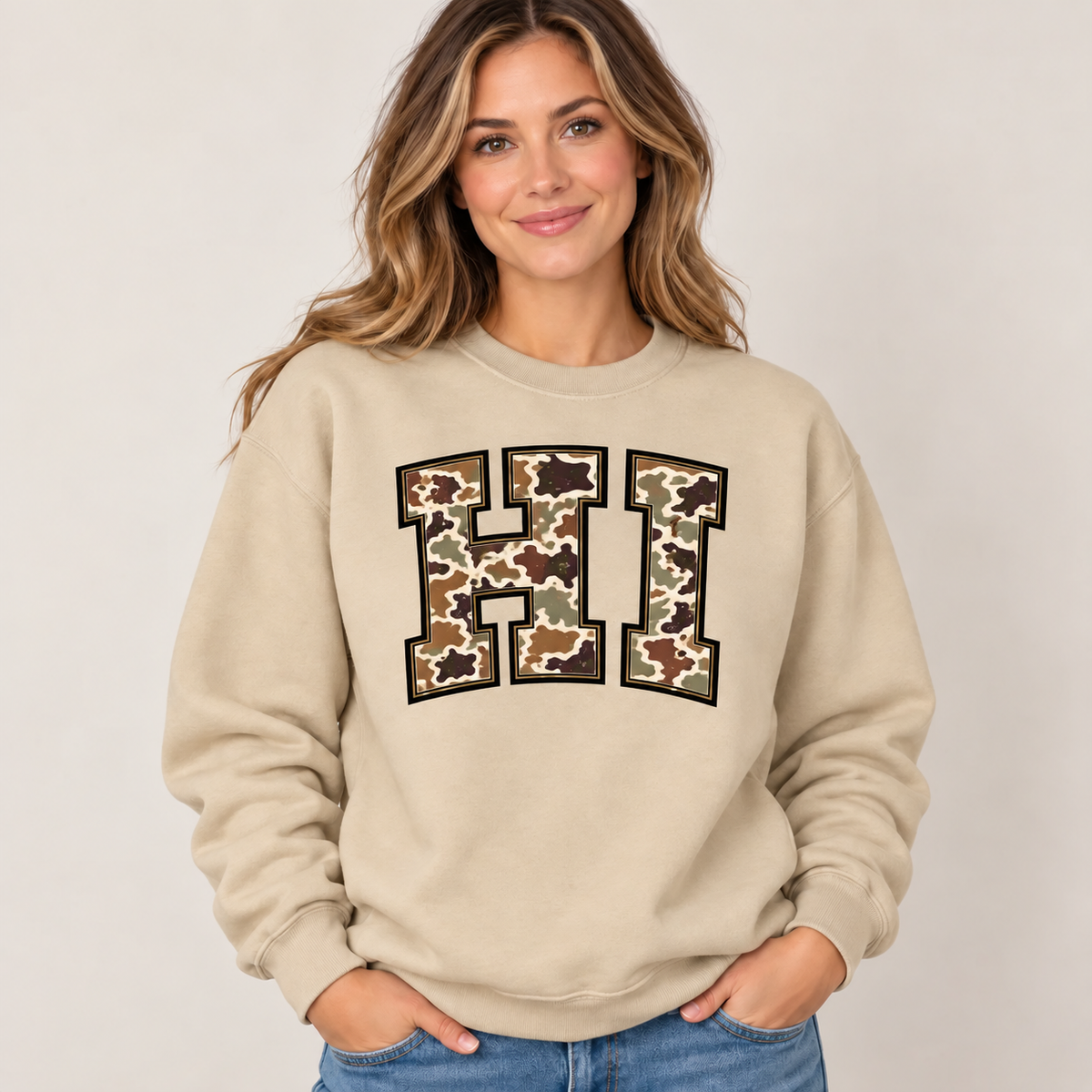 Hawaii HI camouflage varsity sand crewneck – sharp rebuilt mockup