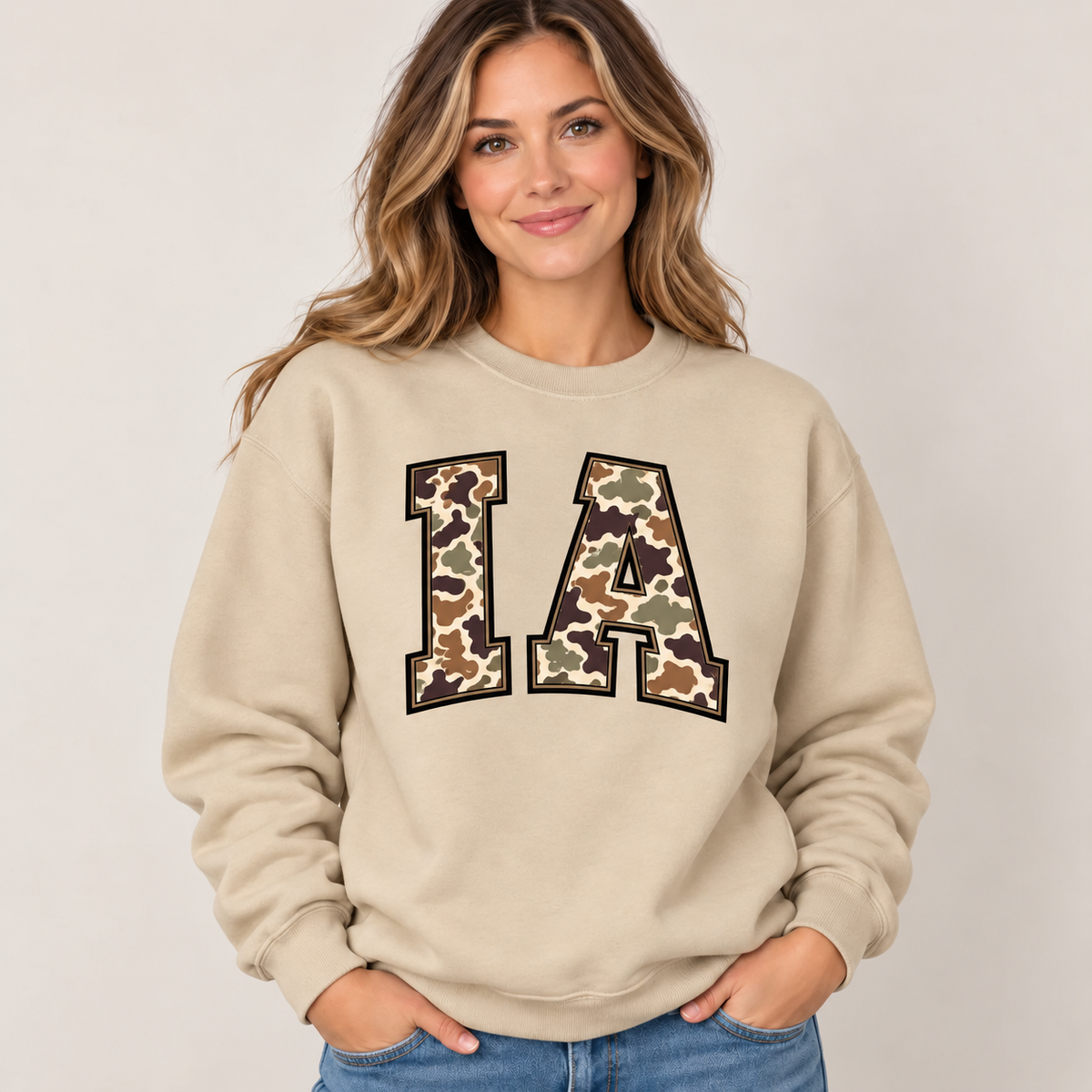 Iowa IA camouflage varsity sand crewneck – sharp rebuilt mockup