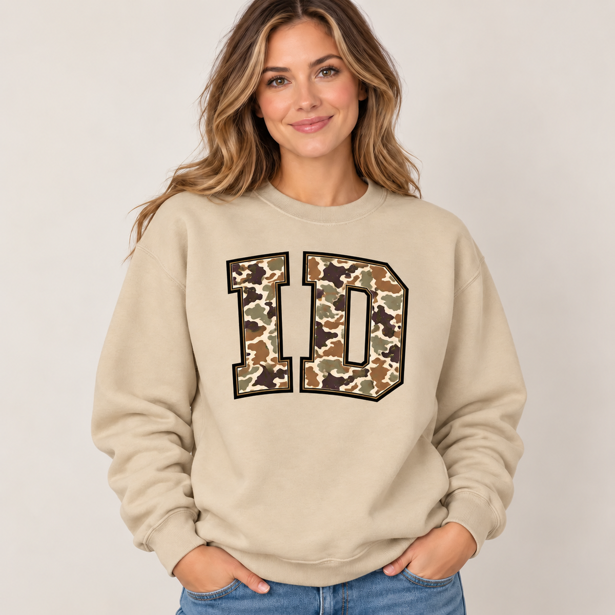 Idaho ID camouflage varsity sand crewneck – sharp rebuilt mockup