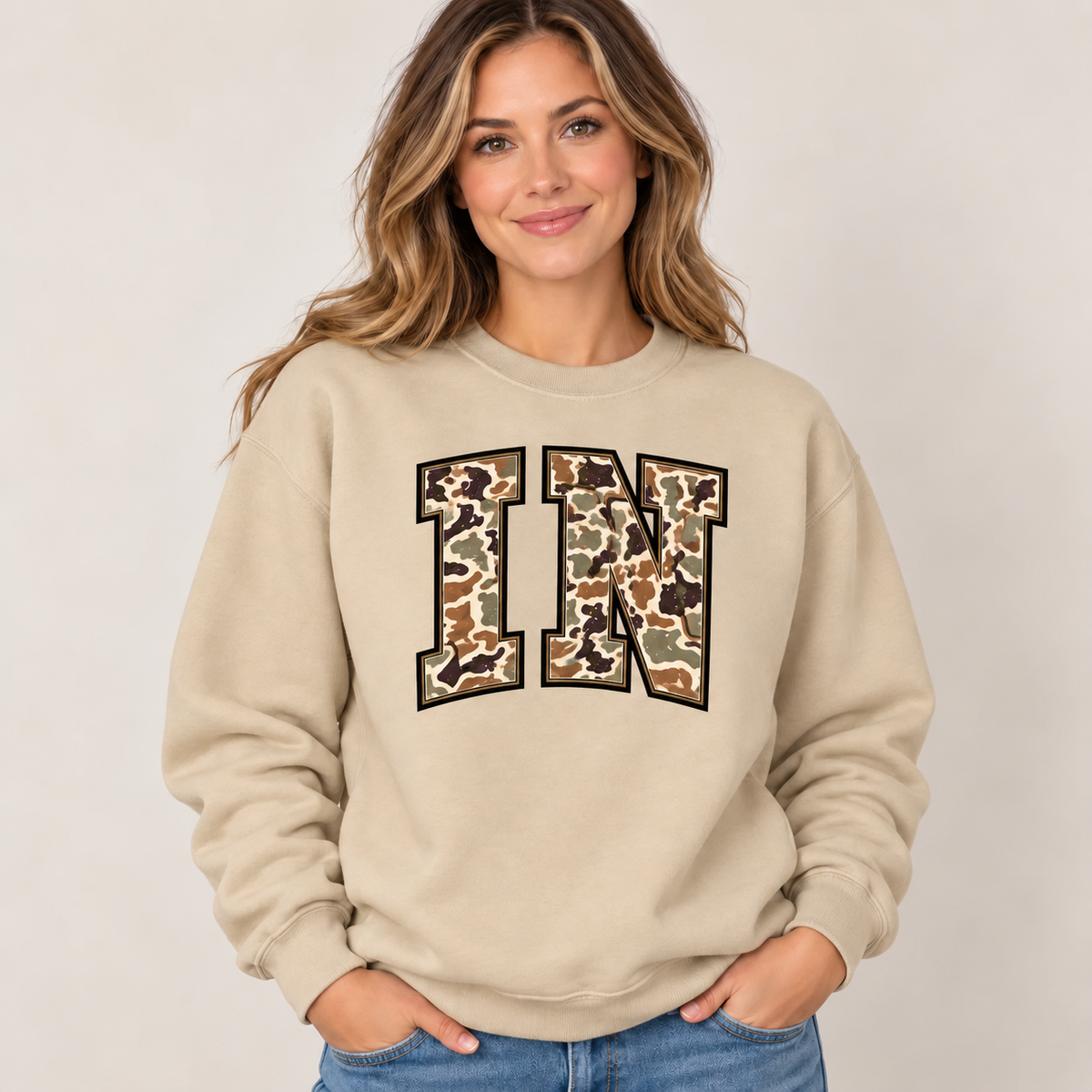 Indiana IN camouflage varsity sand crewneck – sharp rebuilt mockup