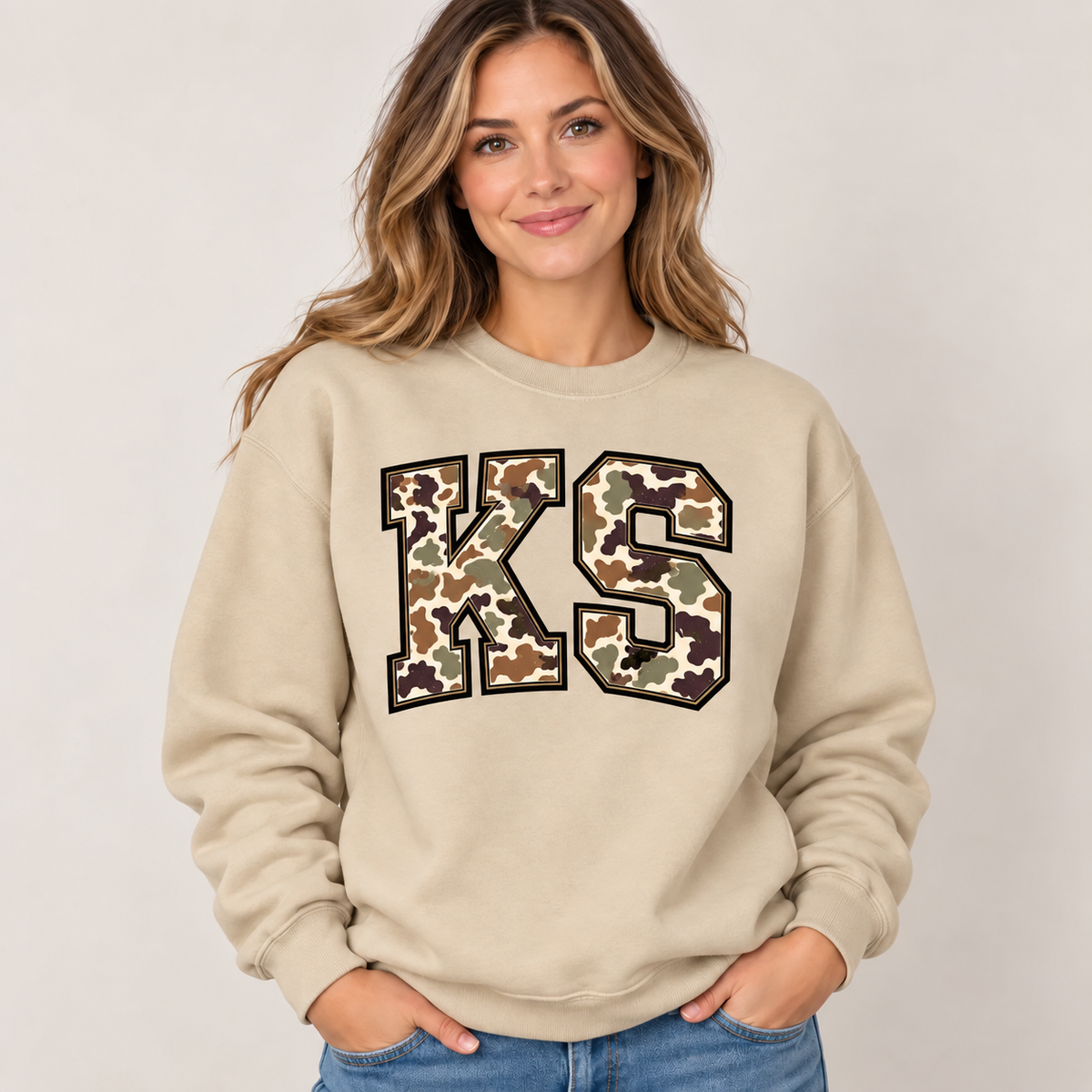 Kansas KS camouflage varsity sand crewneck – sharp rebuilt mockup