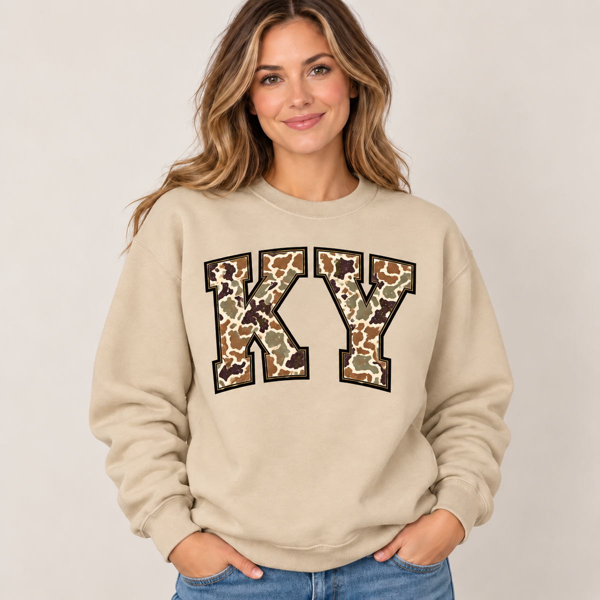 Kentucky KY camouflage varsity sand crewneck – sharp rebuilt mockup