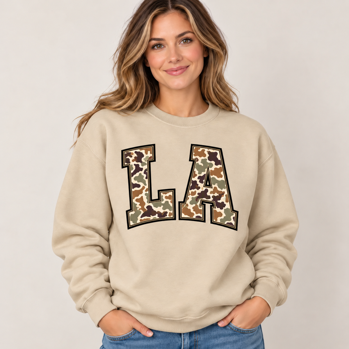 Louisiana LA camouflage varsity sand crewneck – sharp rebuilt mockup