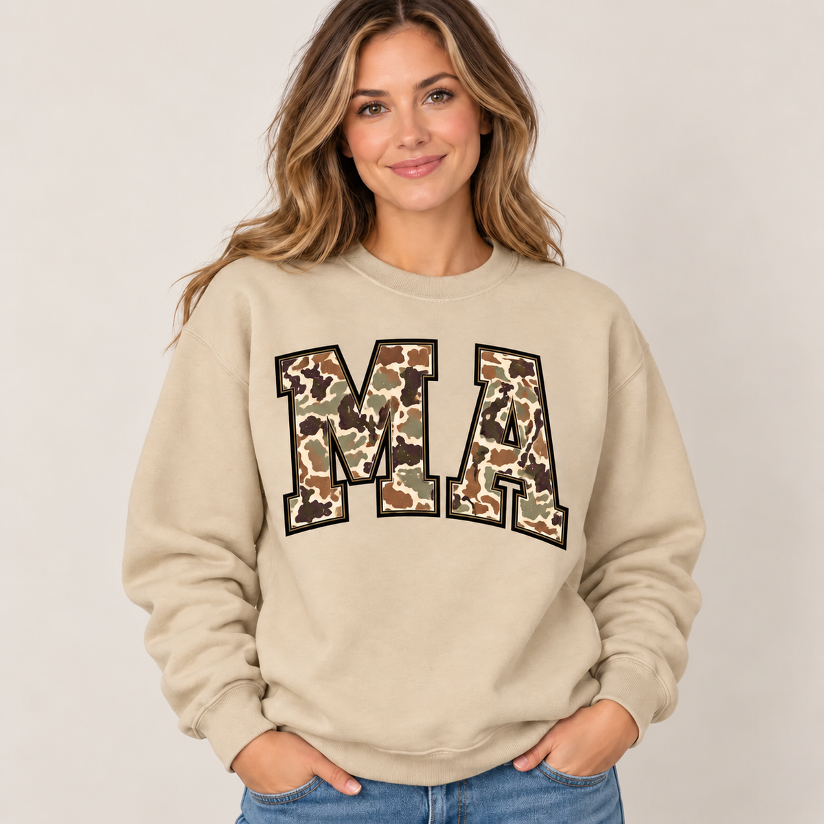 Massachusetts MA camouflage varsity sand crewneck – sharp rebuilt mockup