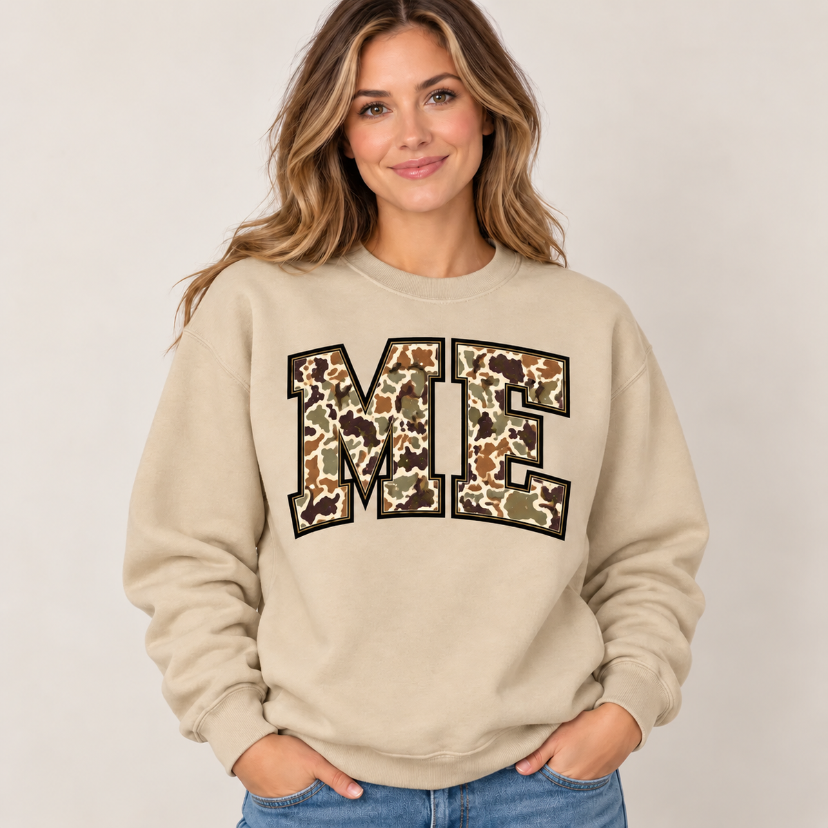 Maine ME camouflage varsity sand crewneck – sharp rebuilt mockup
