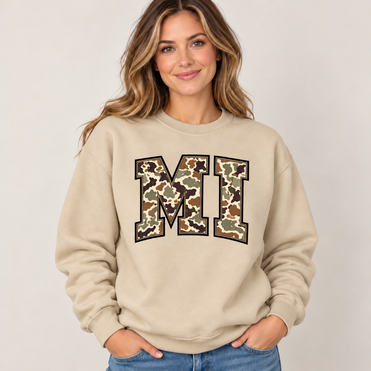 Michigan MI camouflage varsity sand crewneck – sharp rebuilt mockup