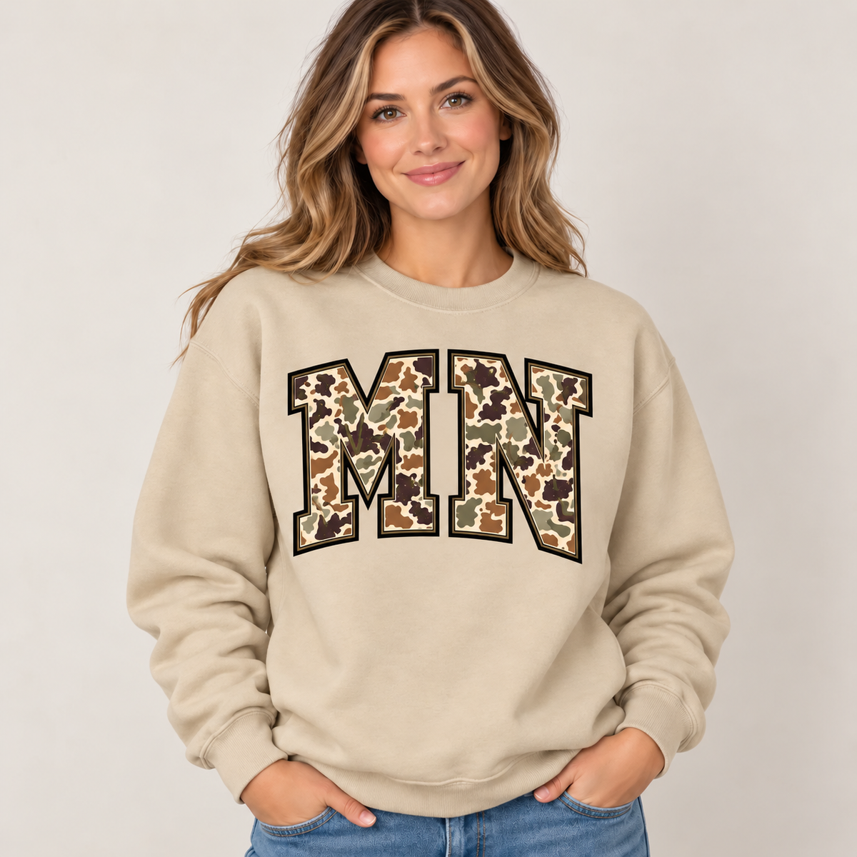 Minnesota MN camouflage varsity sand crewneck – sharp rebuilt mockup