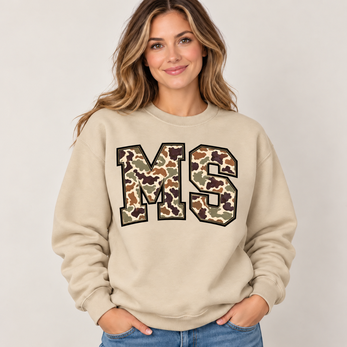 Mississippi MS camouflage varsity sand crewneck – sharp rebuilt mockup