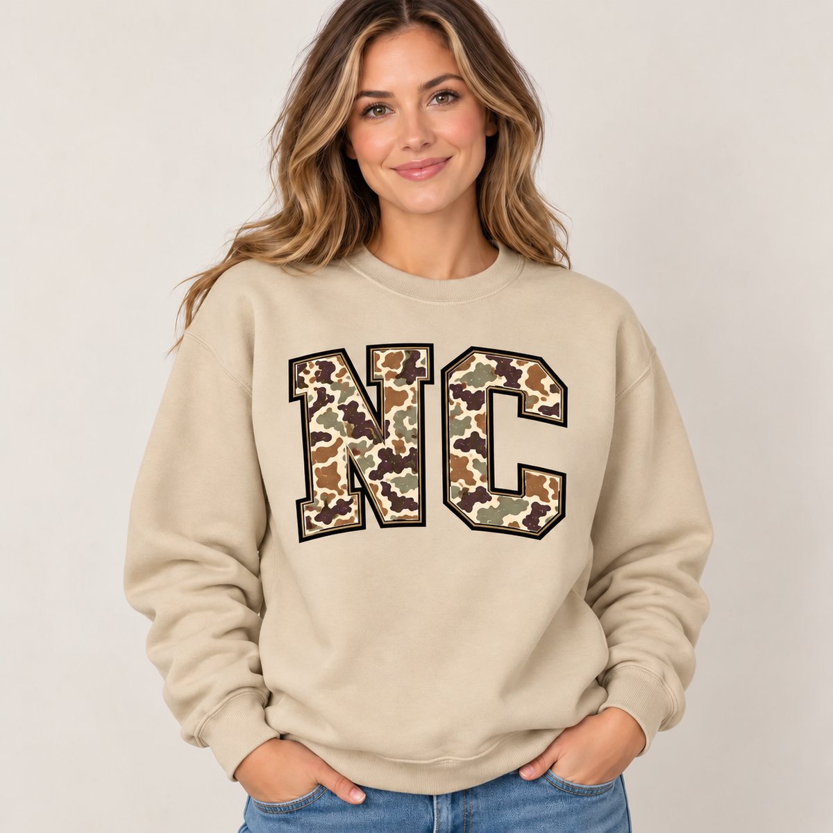 North Carolina NC camouflage varsity sand crewneck – sharp rebuilt mockup