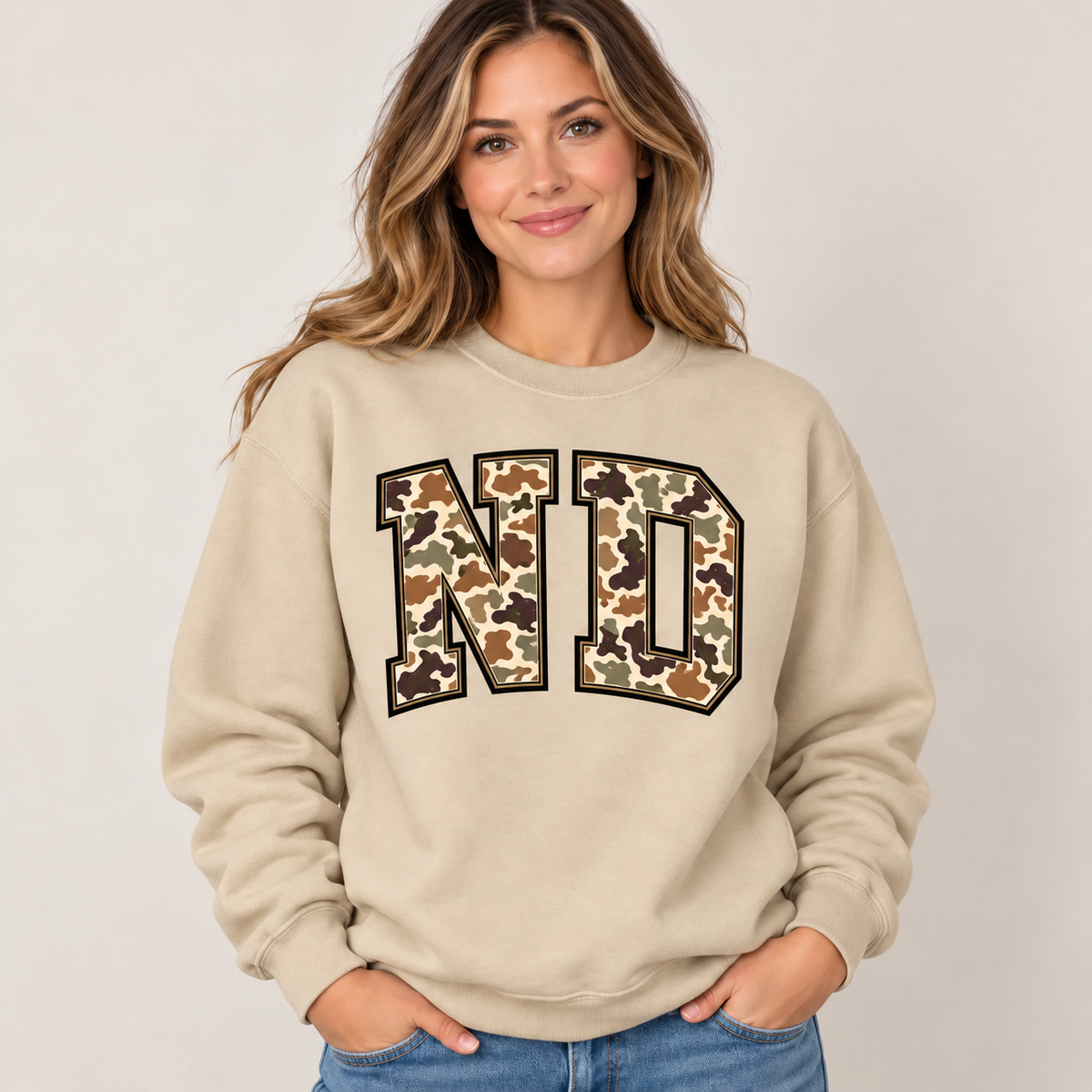North Dakota ND camouflage varsity sand crewneck – sharp rebuilt mockup