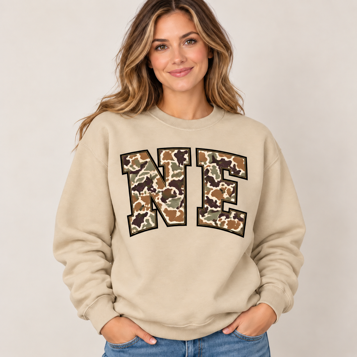 Nebraska NE camouflage varsity sand crewneck – sharp rebuilt mockup