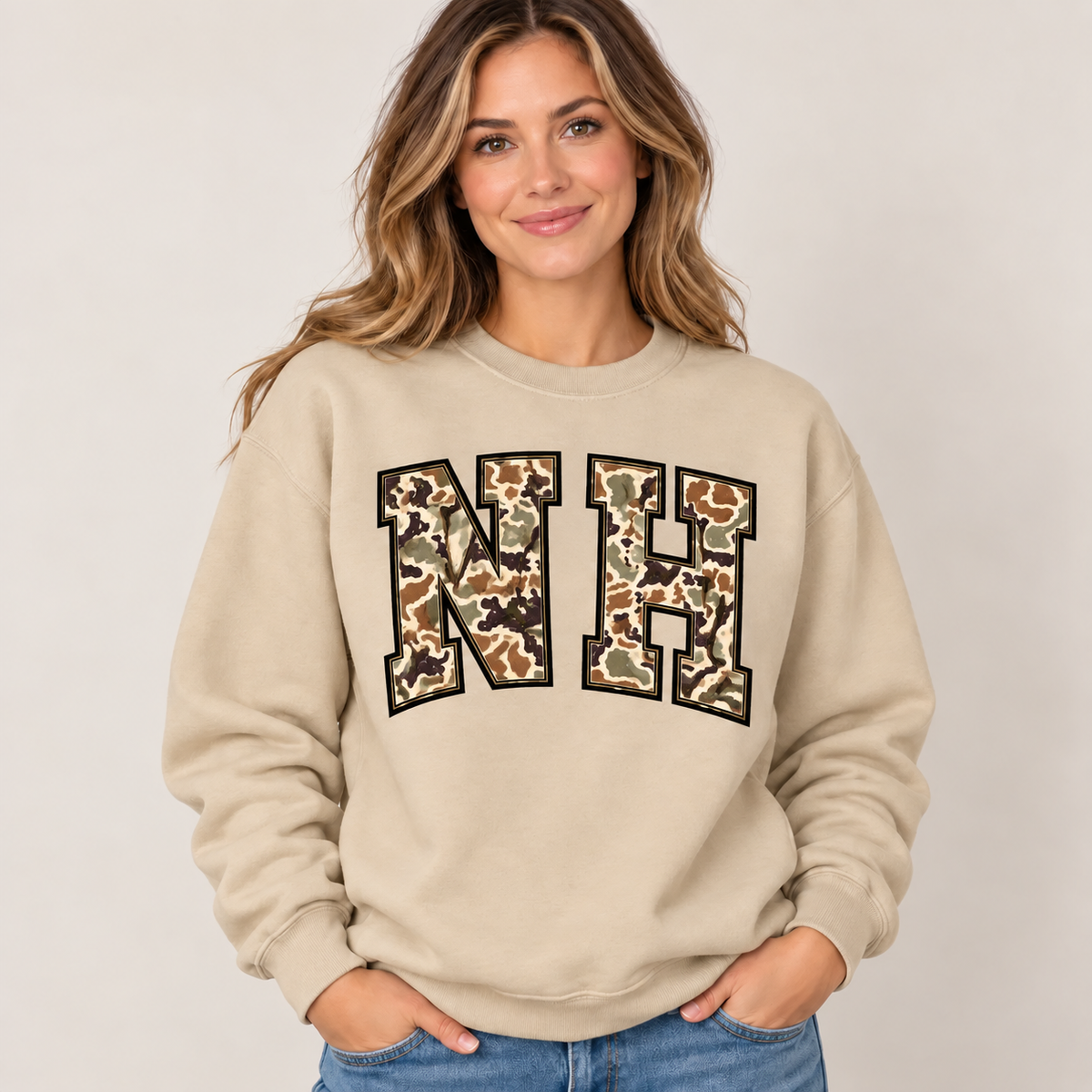 New Hampshire NH camouflage varsity sand crewneck – sharp rebuilt mockup
