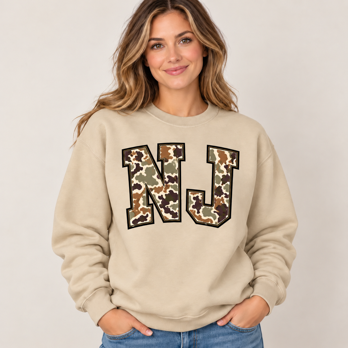 New Jersey NJ camouflage varsity sand crewneck – sharp rebuilt mockup