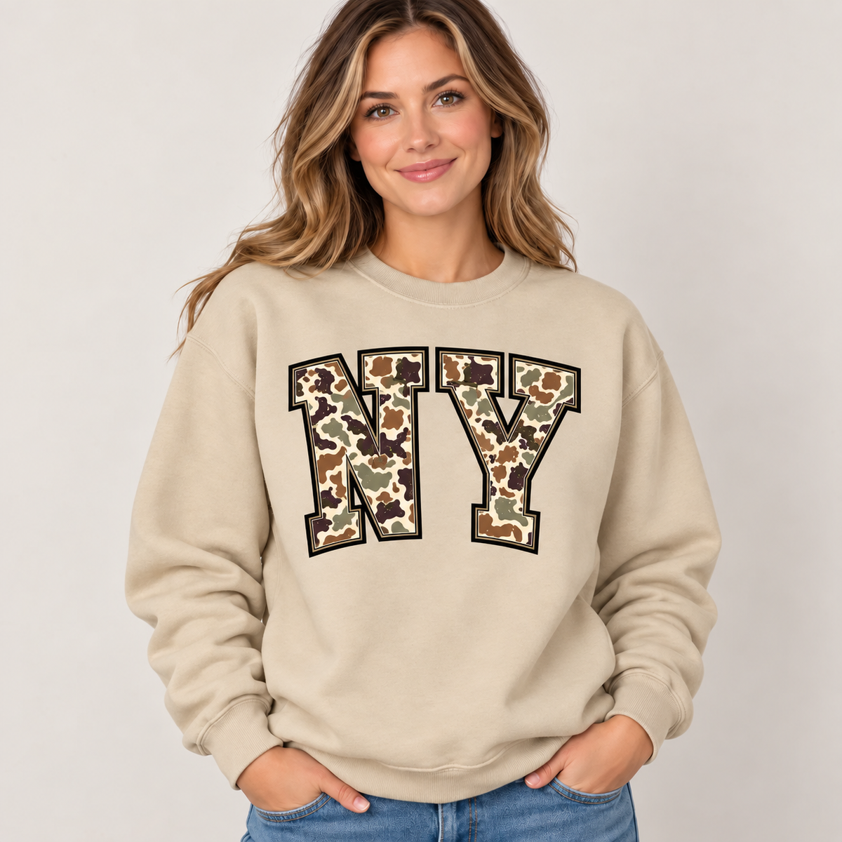 New York NY camouflage varsity sand crewneck – sharp rebuilt mockup