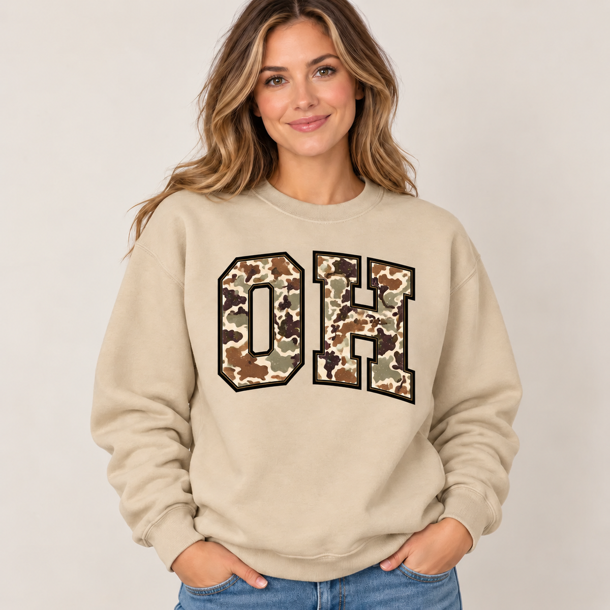 Ohio OH camouflage varsity sand crewneck – sharp rebuilt mockup