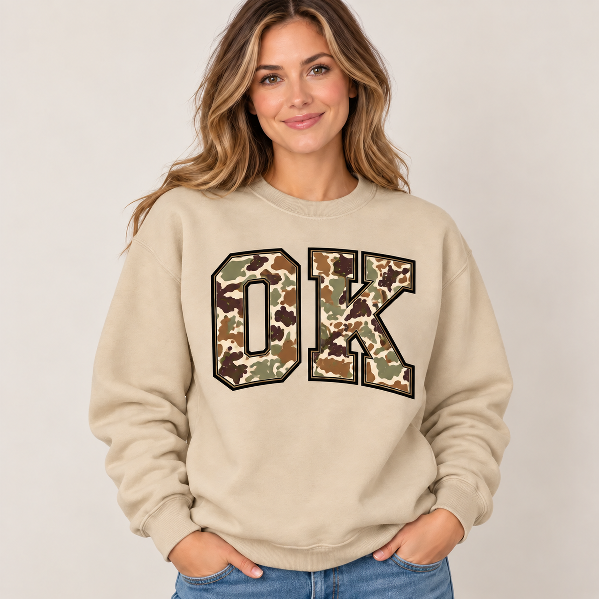 Oklahoma OK camouflage varsity sand crewneck – sharp rebuilt mockup