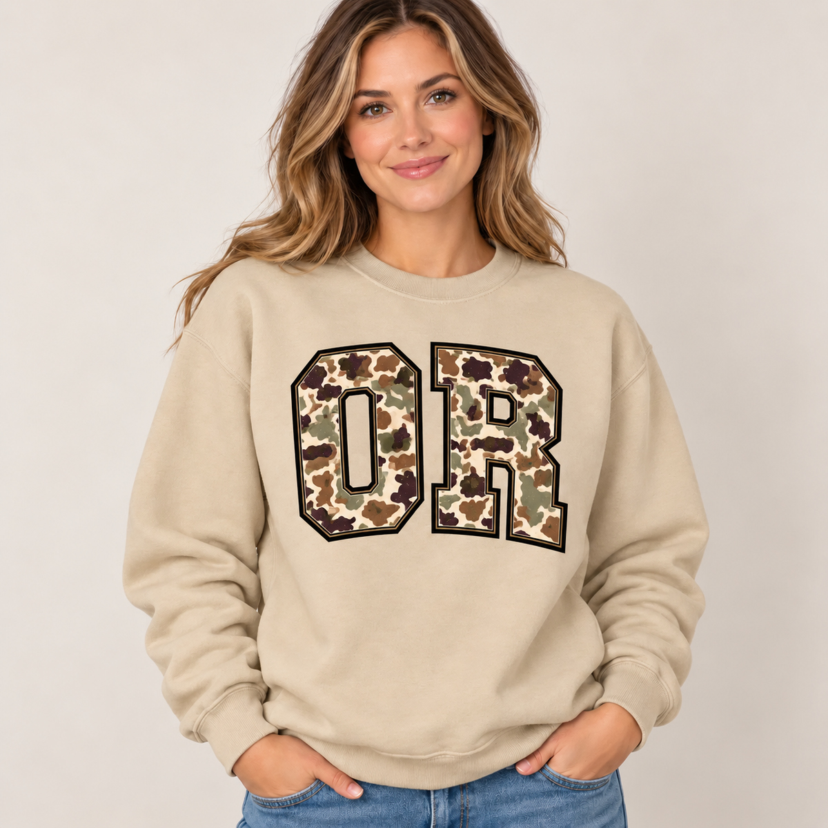 Oregon OR camouflage varsity sand crewneck – sharp rebuilt mockup
