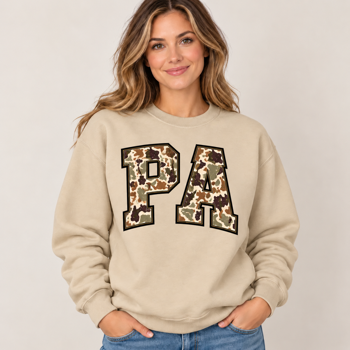 Pennsylvania PA camouflage varsity sand crewneck – sharp rebuilt mockup