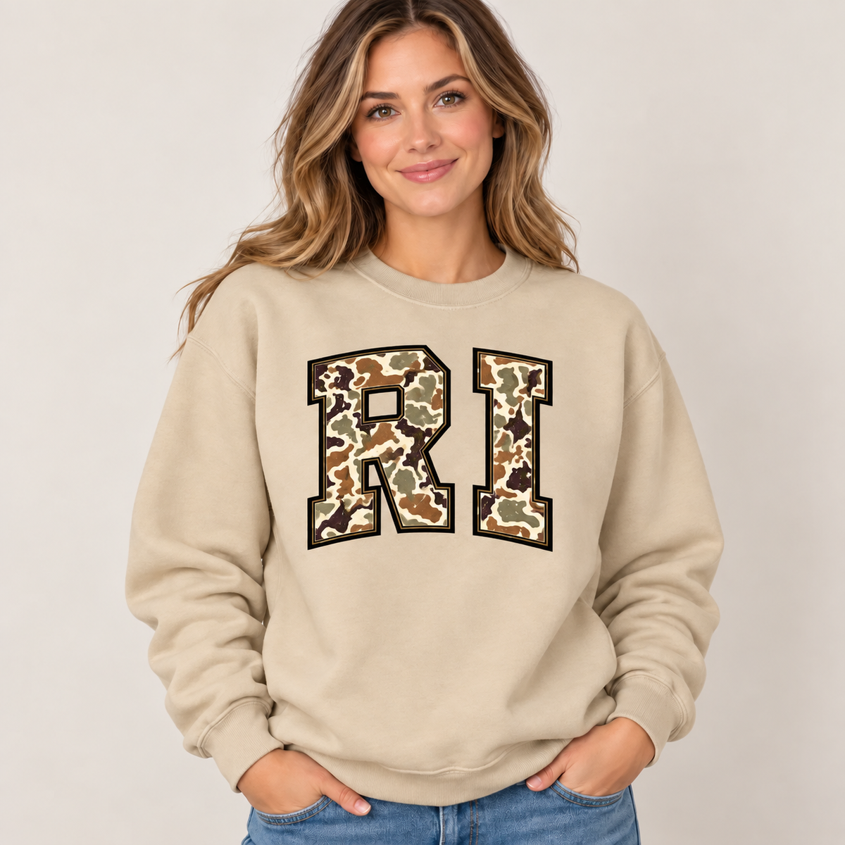 Rhode Island RI camouflage varsity sand crewneck – sharp rebuilt mockup