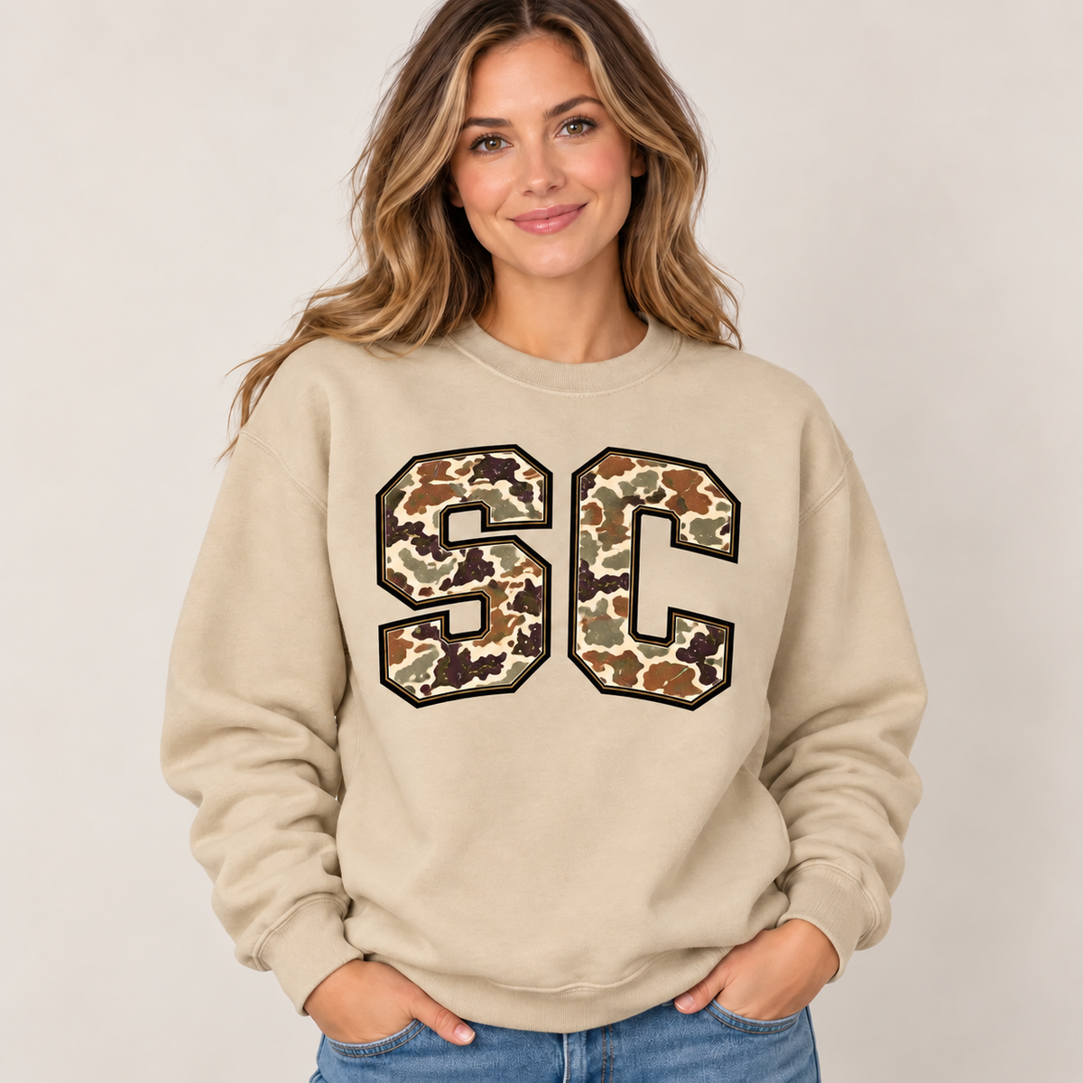South Carolina SC camouflage varsity sand crewneck – sharp rebuilt mockup