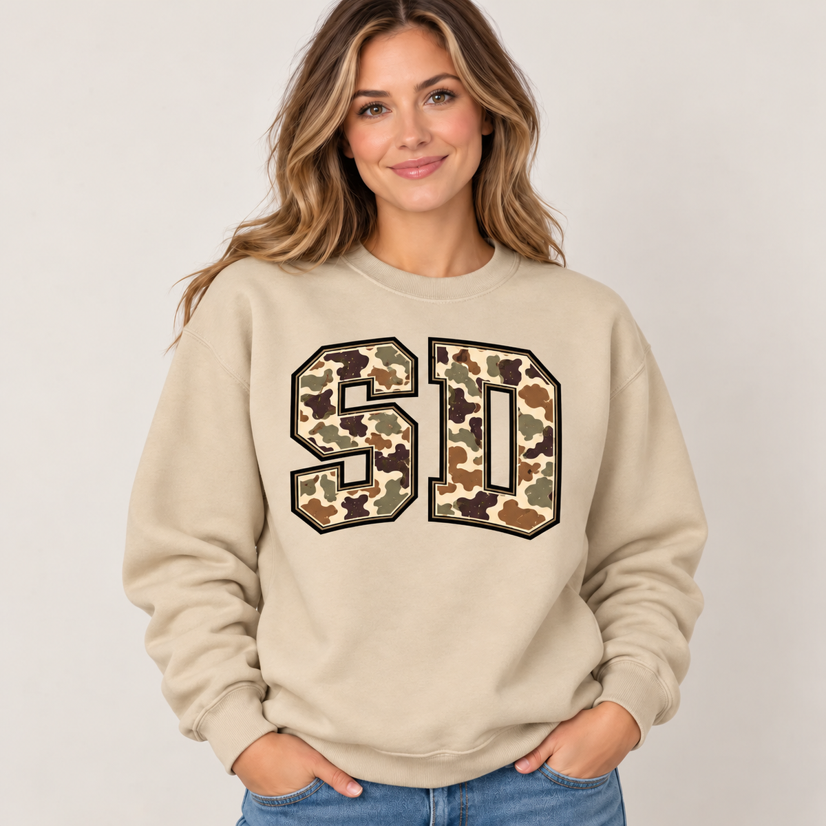 South Dakota SD camouflage varsity sand crewneck – sharp rebuilt mockup