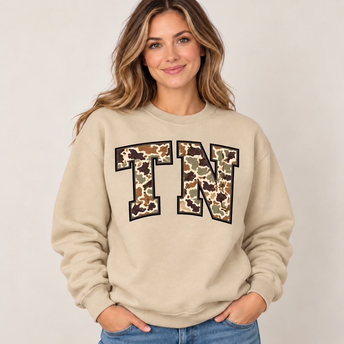 Tennessee TN camouflage varsity sand crewneck – sharp rebuilt mockup