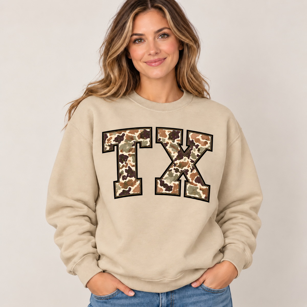Texas TX camouflage varsity sand crewneck – sharp rebuilt mockup