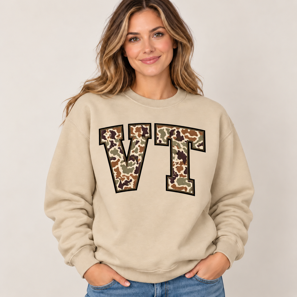 Vermont VT camouflage varsity sand crewneck – sharp rebuilt mockup