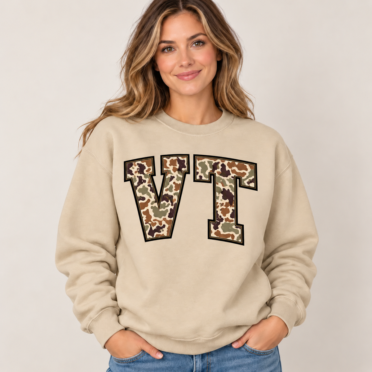 Vermont VT camouflage varsity sand crewneck – sharp rebuilt mockup
