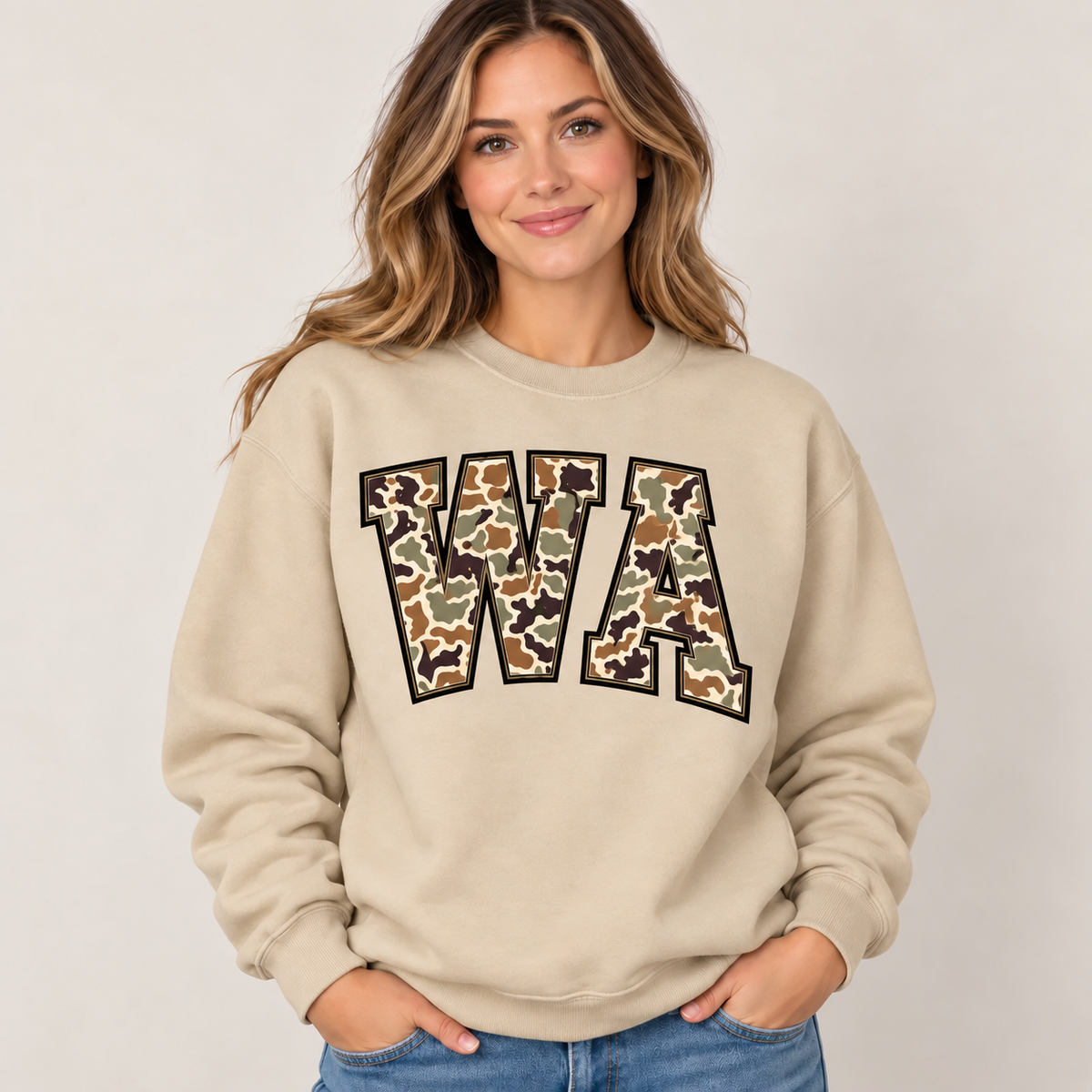 Washington WA camouflage varsity sand crewneck – sharp rebuilt mockup