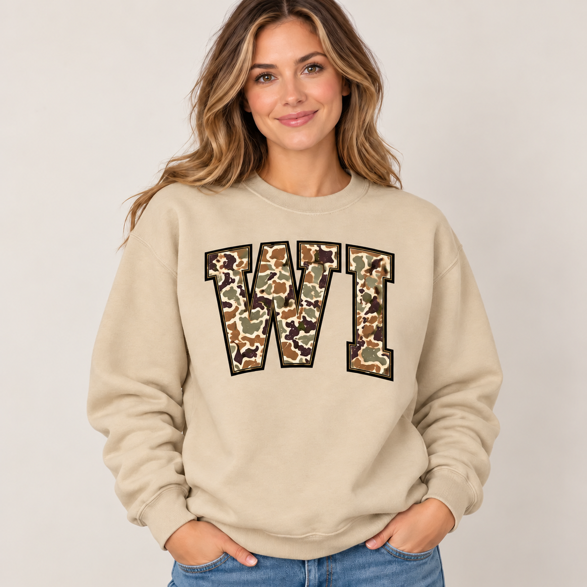 Wisconsin WI camouflage varsity sand crewneck – sharp rebuilt mockup