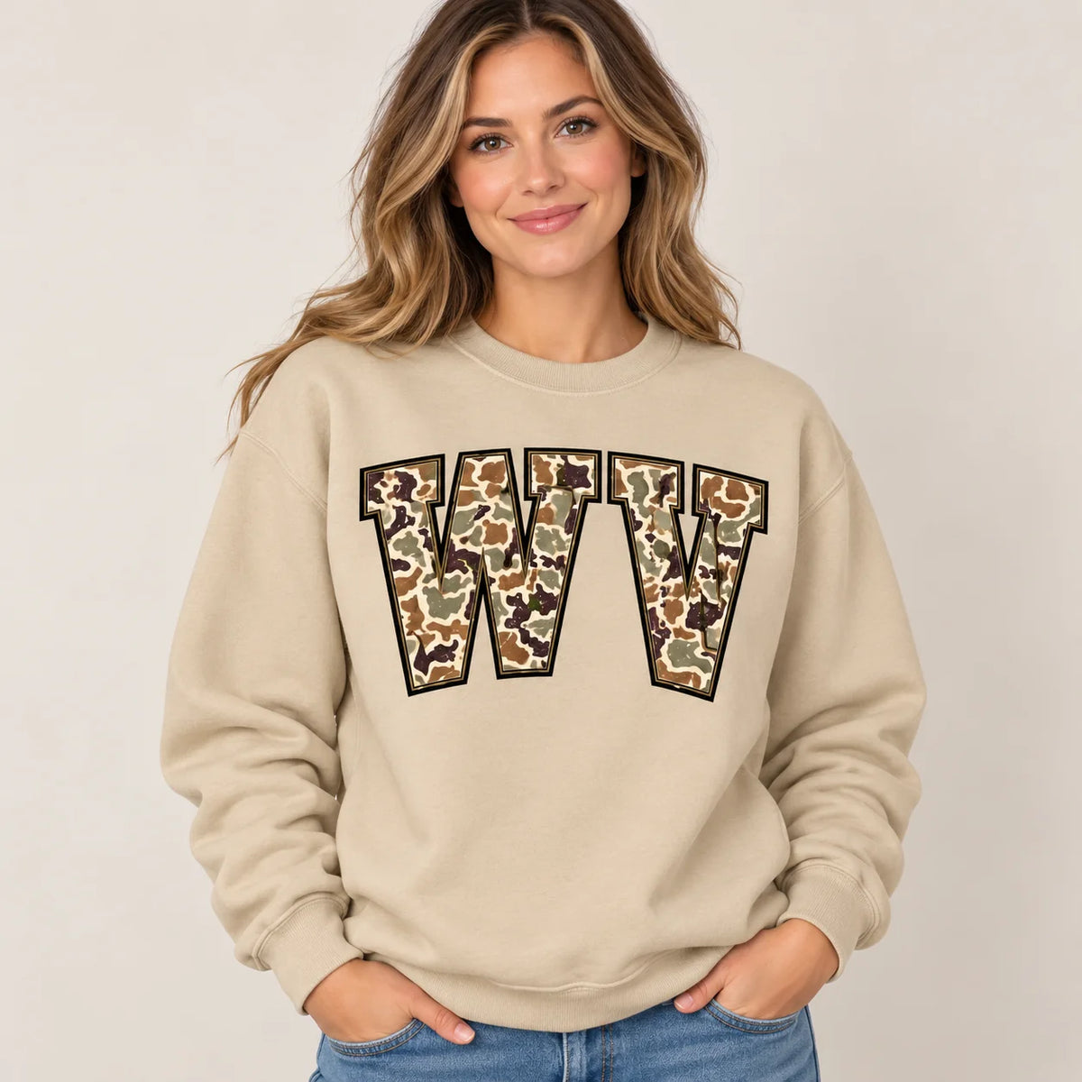 West Virginia WV camouflage varsity sand crewneck – sharp rebuilt mockup