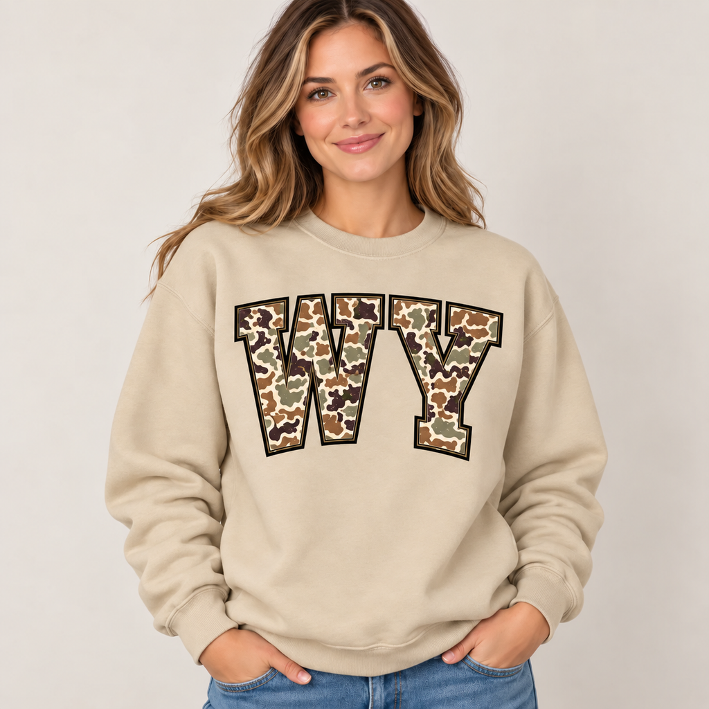 Wyoming WY camouflage varsity sand crewneck – sharp rebuilt mockup