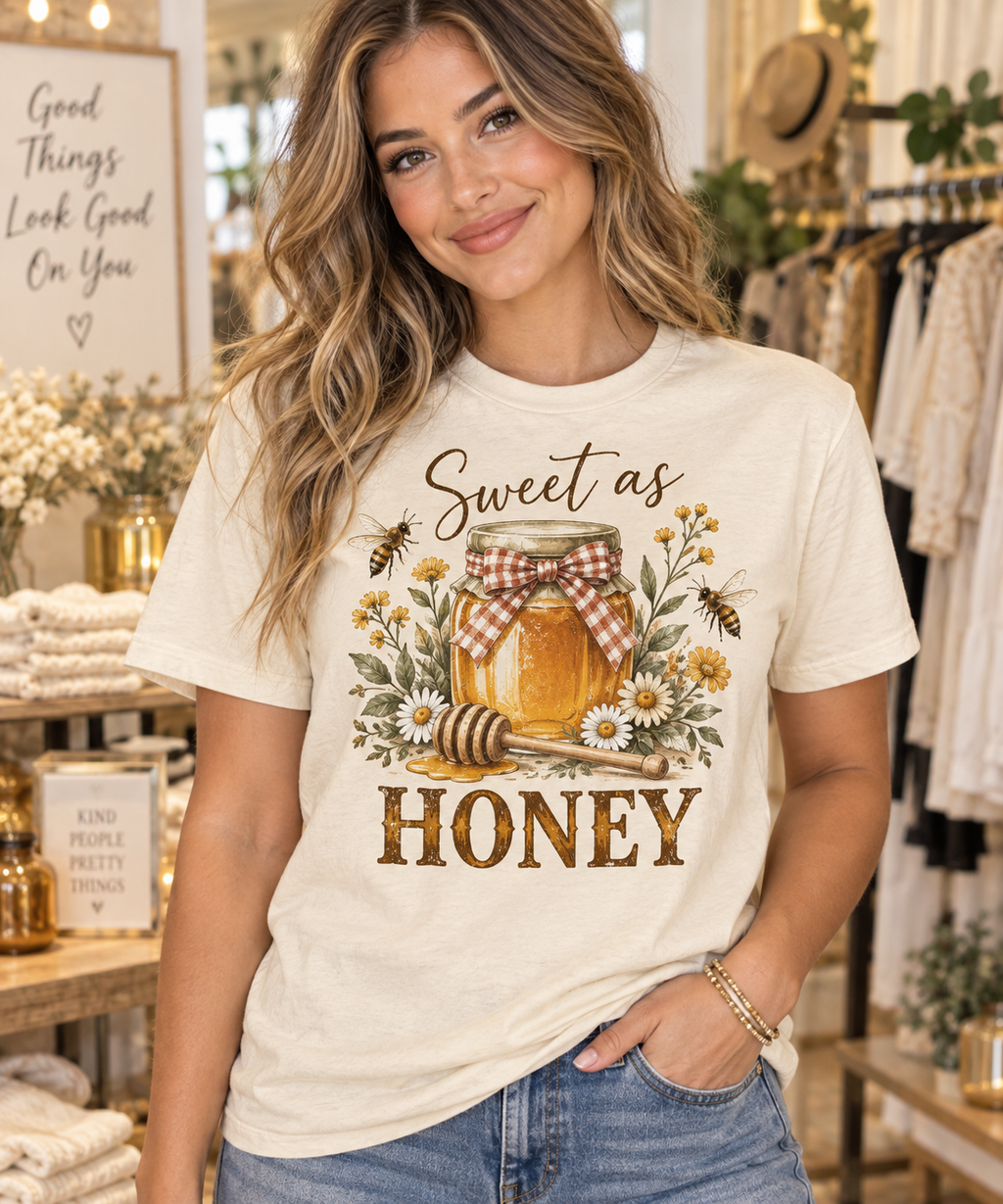 Woman wearing Sweet as Honey cream boutique graphic tee