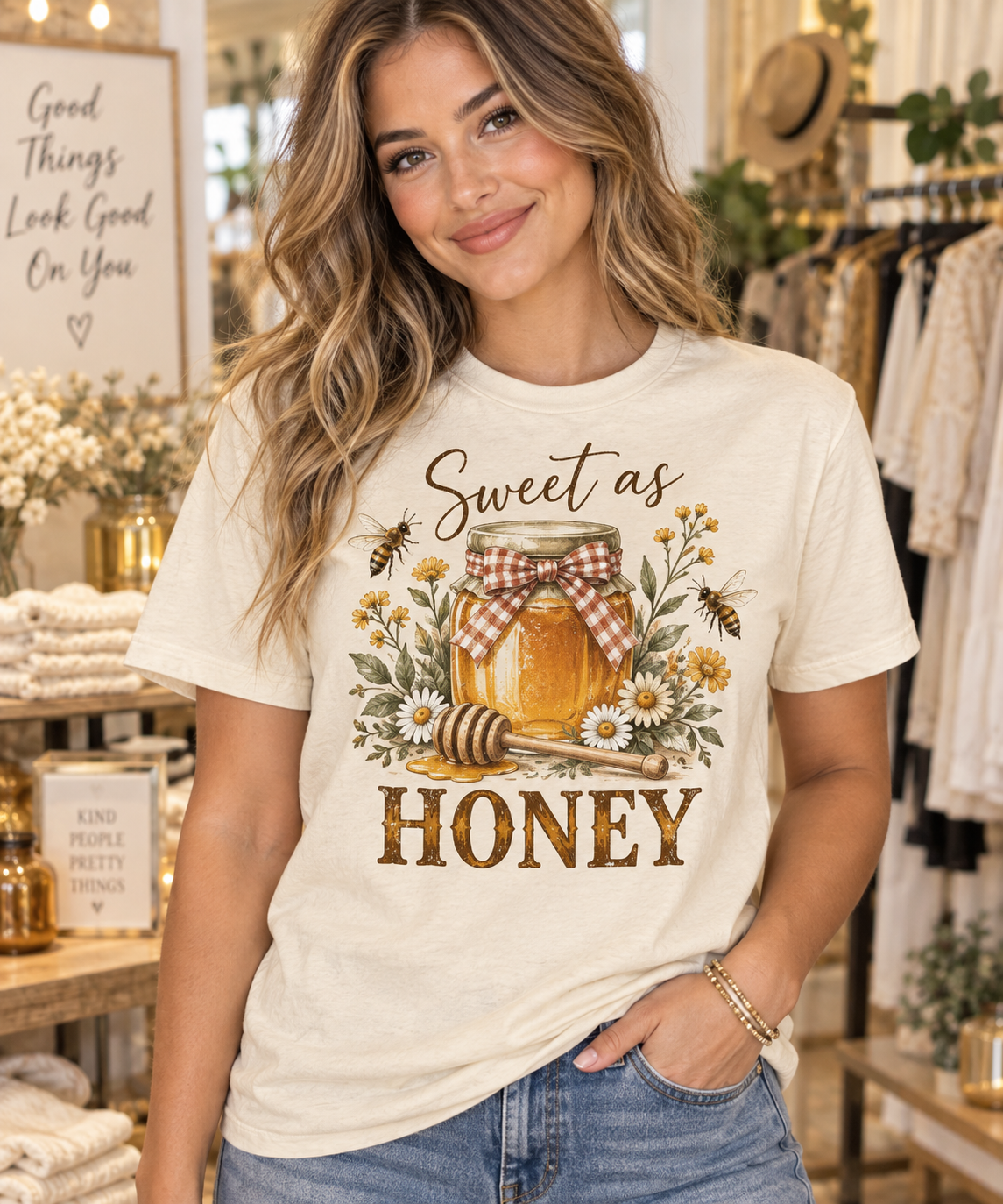 Woman wearing Sweet as Honey cream boutique graphic tee