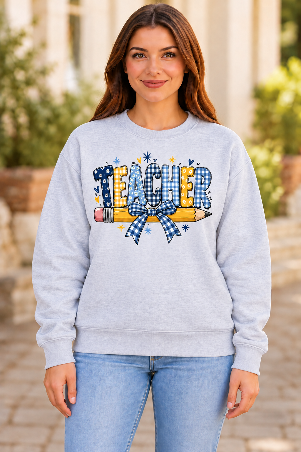 Teacher Blue Gingham Pencil sport gray crewneck