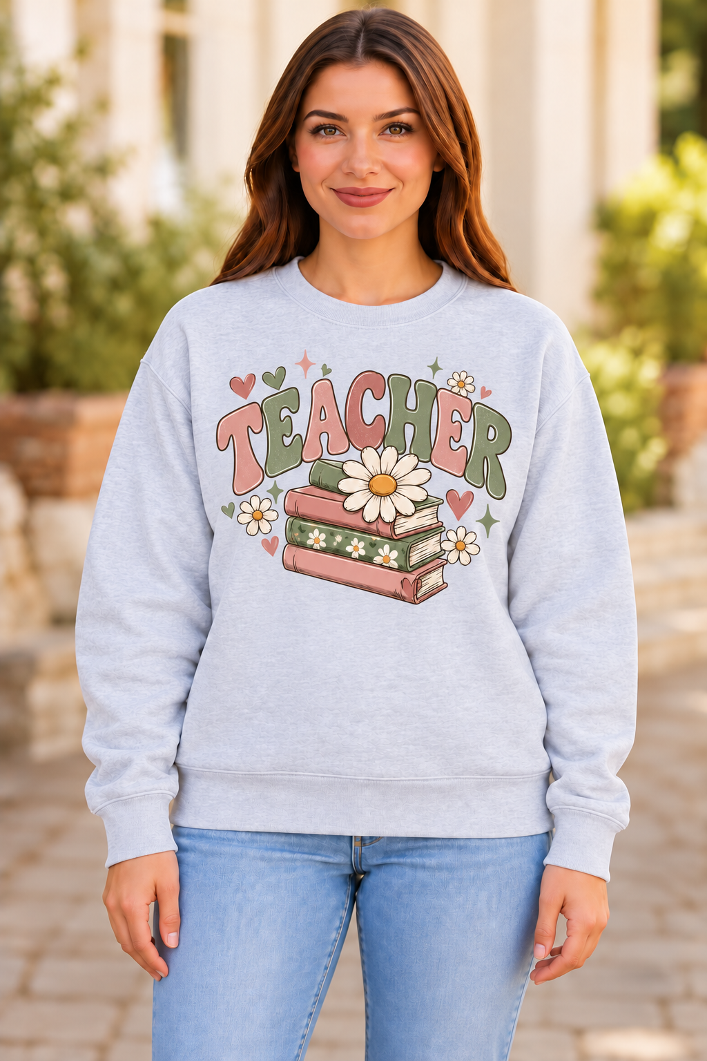 Teacher Books and Daisies sport gray crewneck