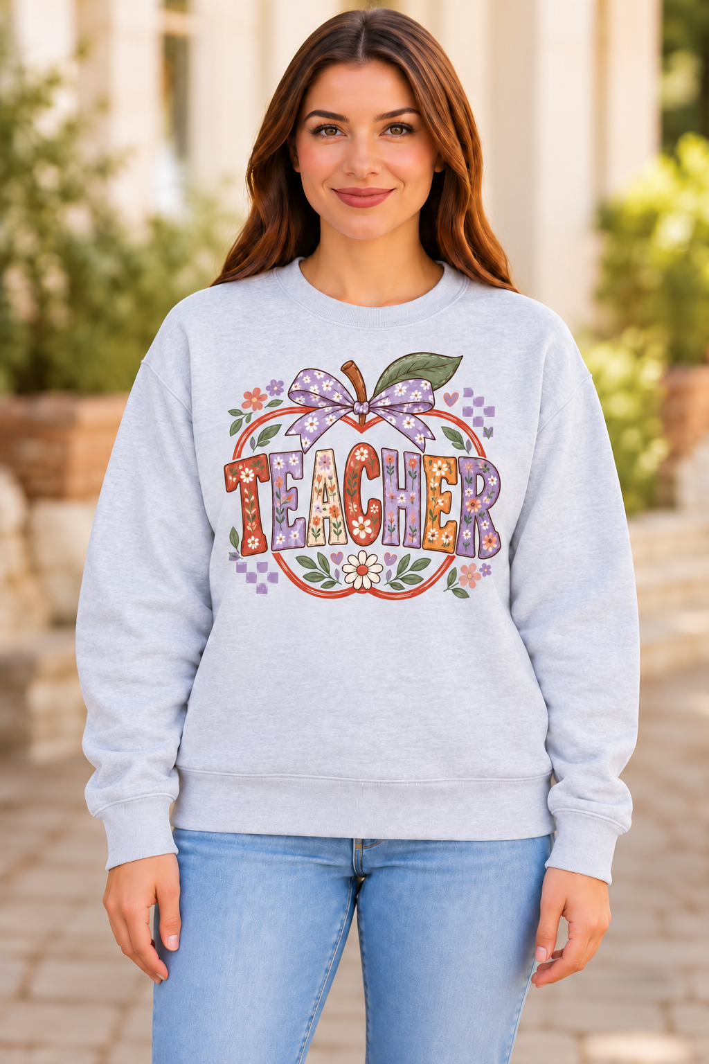 Teacher Floral Apple sport gray crewneck