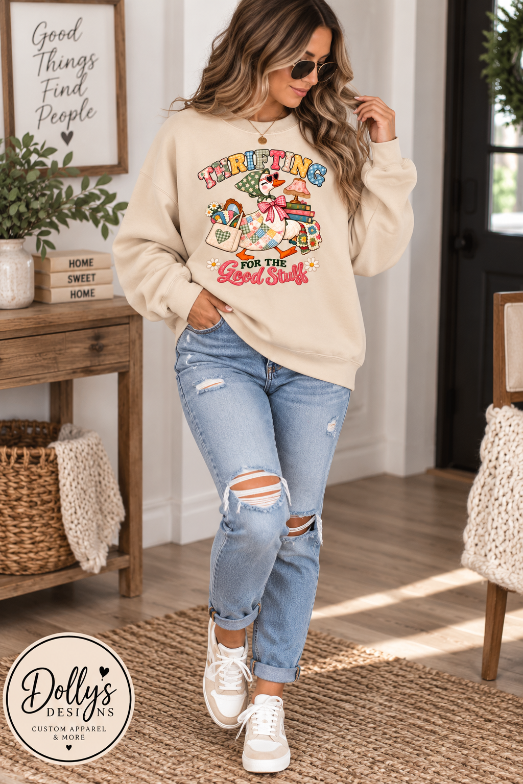Thrifting for the Good Stuff cream crewneck full woman mockup