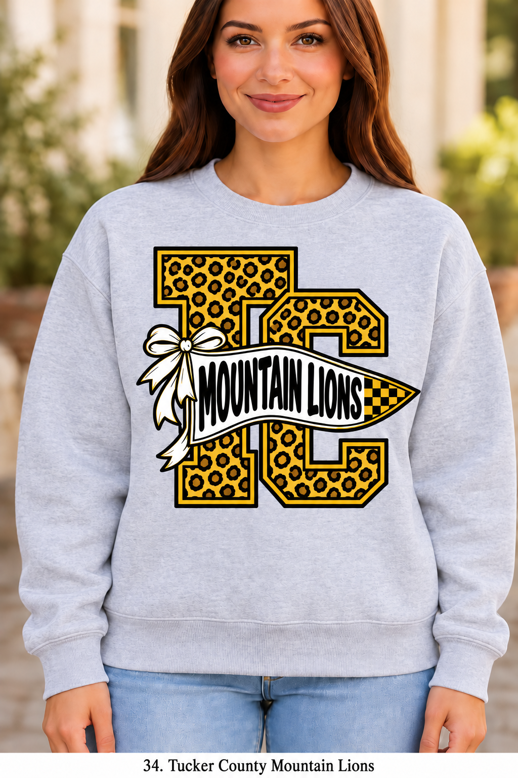 Tucker County Mountain Lions Cheetah Pennant Bow Sport Gray Crewneck