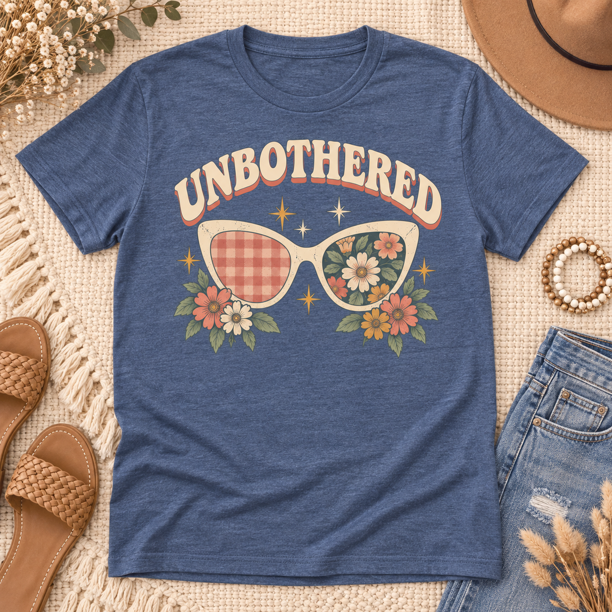 Unbothered patterned sunglasses Heather Indigo boutique tee flat lay