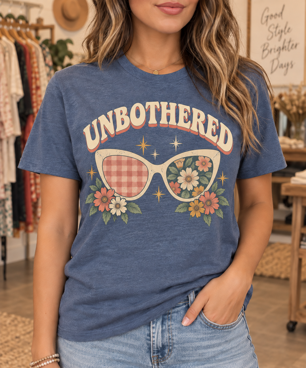 Unbothered patterned sunglasses Heather Indigo boutique tee modeled by a woman