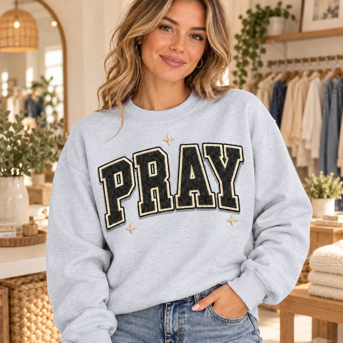 Varsity PRAY crewneck in Ash