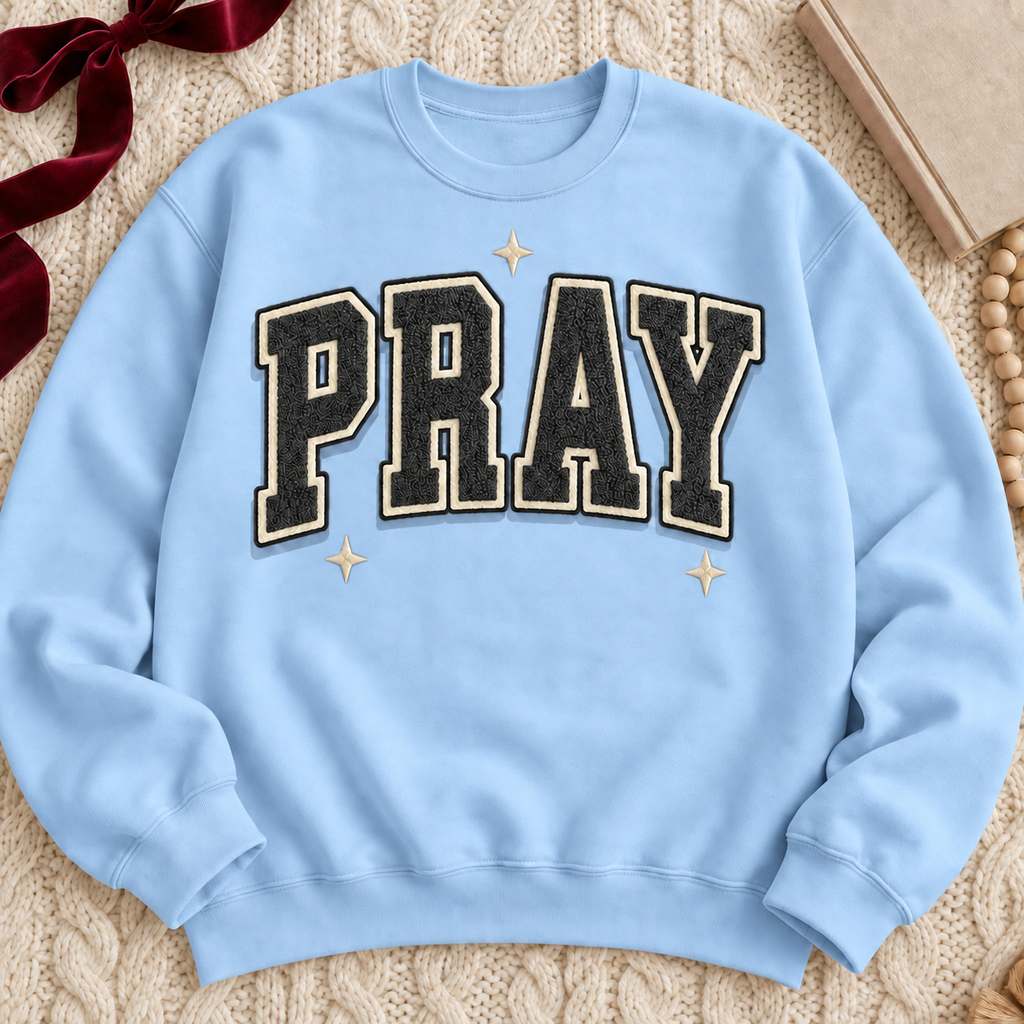Varsity PRAY Light Blue crewneck sweatshirt flat mockup
