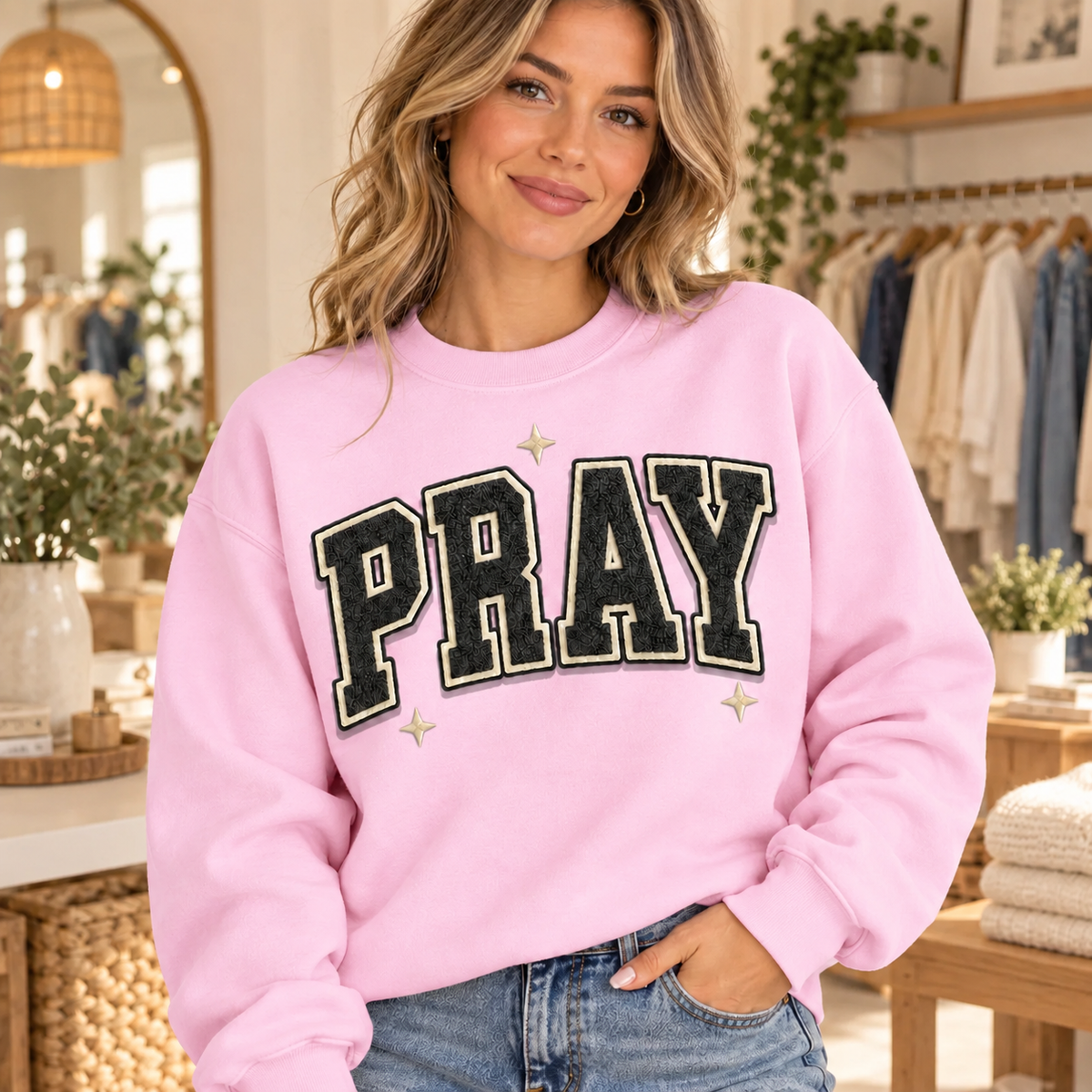 Varsity PRAY crewneck in Light Pink