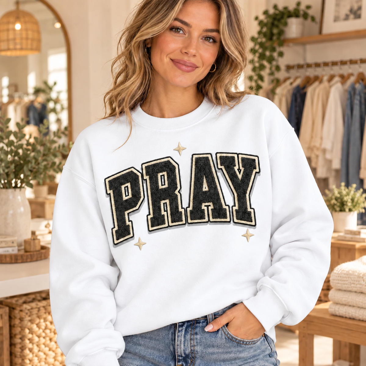Varsity PRAY crewneck in White
