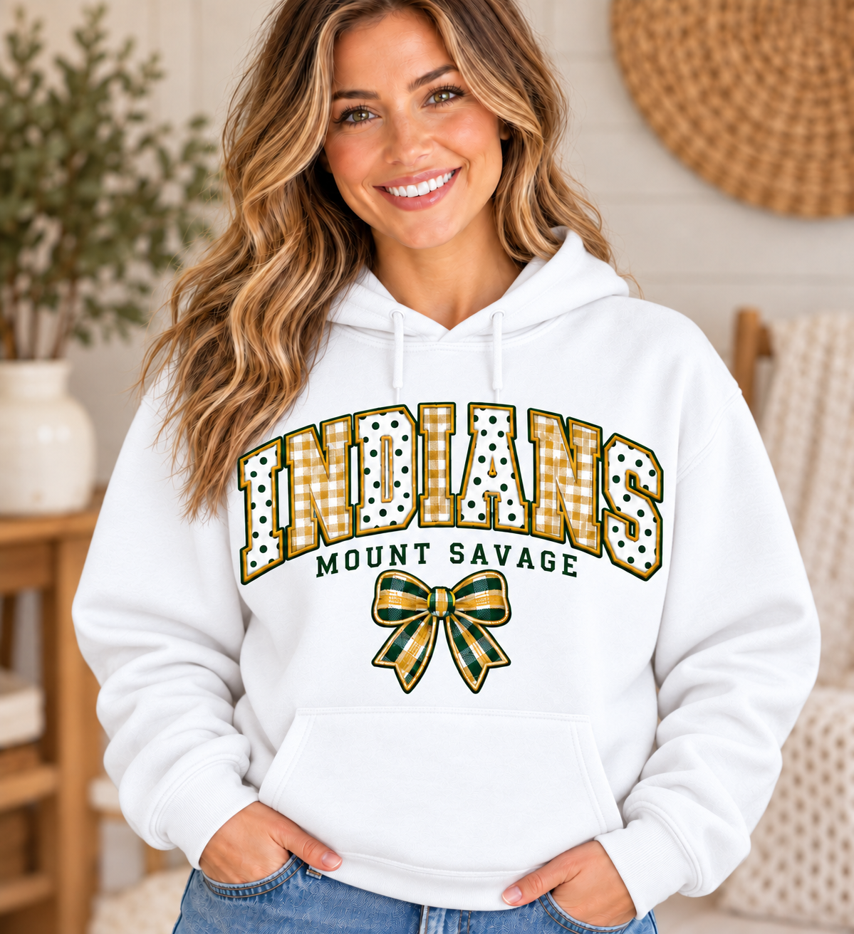 Mount Savage Indians Patchwork Bow White Hoodie