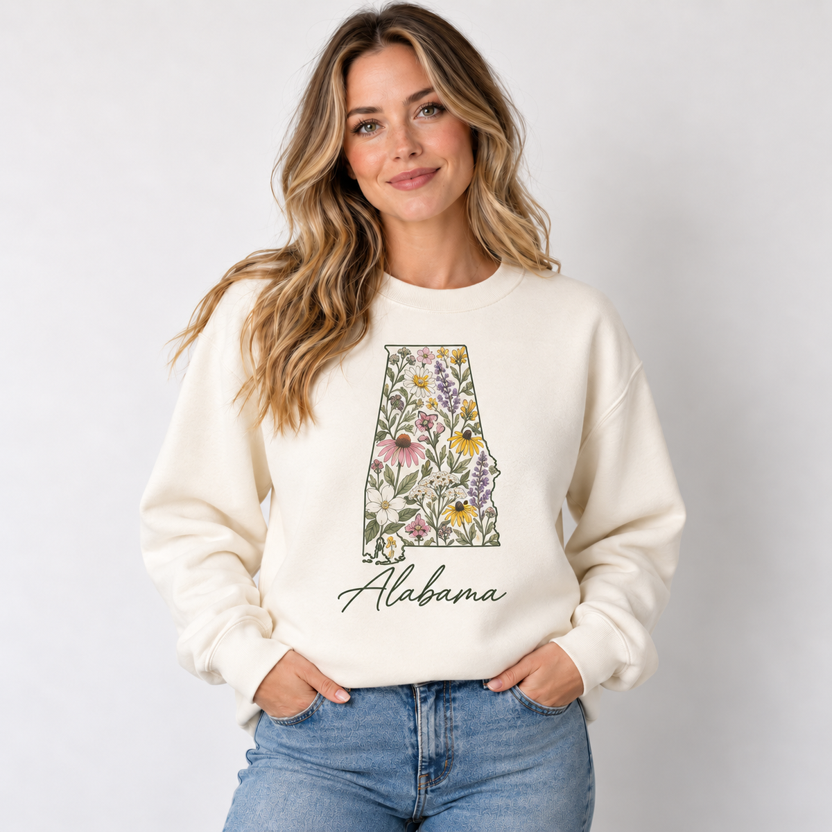 Alabama wildflower design on a cream crewneck