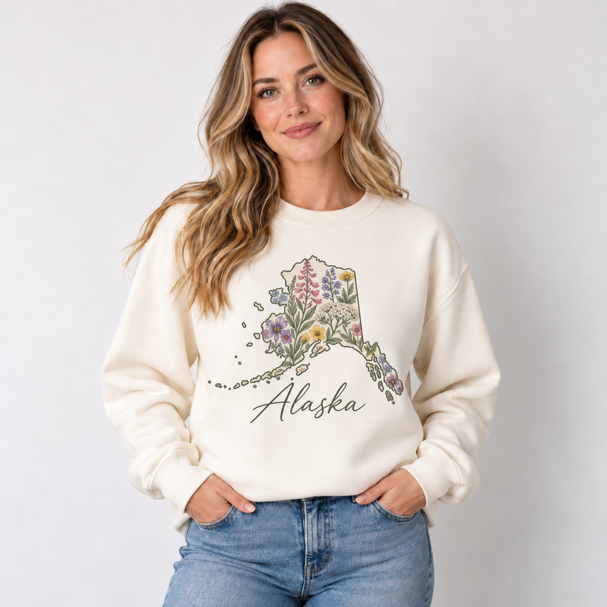 Alaska wildflower design on a cream crewneck