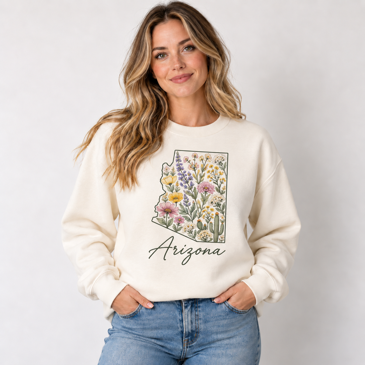 Arizona wildflower design on a cream crewneck